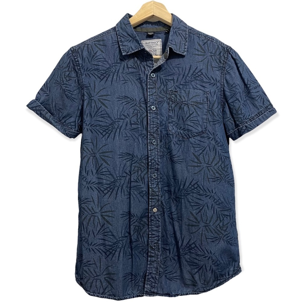 Buffalo David Bitton Shirt Button Down Collared Cotton Palm Chambray Print Men S - Picture 1 of 13